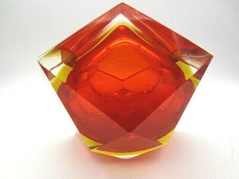 Xxl Murano Sommerso Red Amber Poli Seguso Era Large Facet Cut Art Glass Bowl photo vintage
