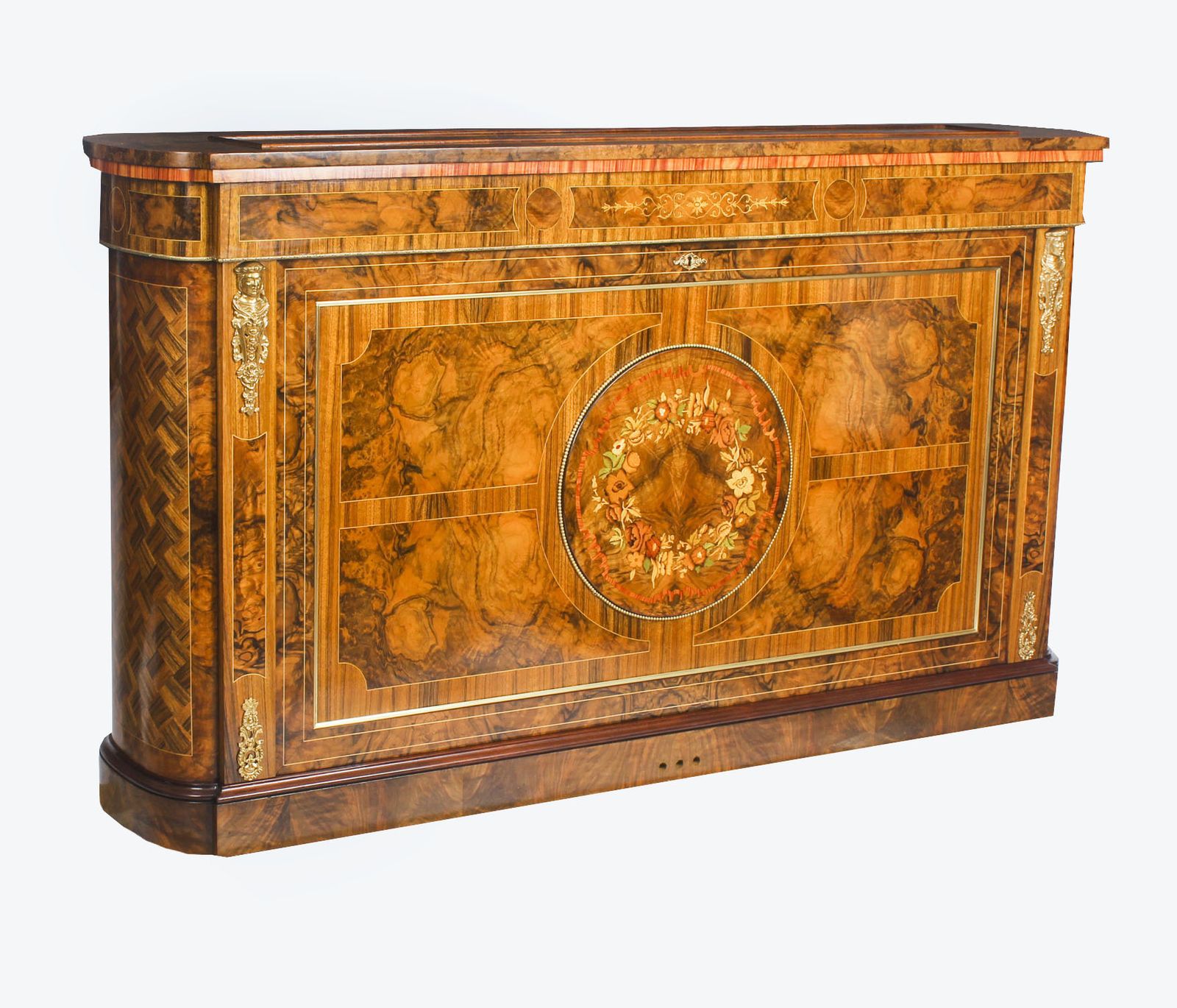 Bespoke Inlaid Burr Walnut & Marquetry Tv Plasma Lift Cabinet
