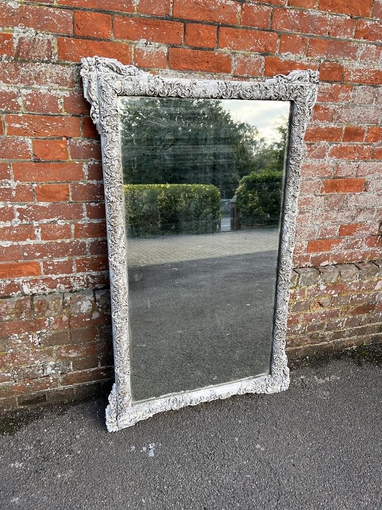 A Wonderful Large Antique French 19th Century Carved Wood & Gesso Slightly Distressed Painted Mirror