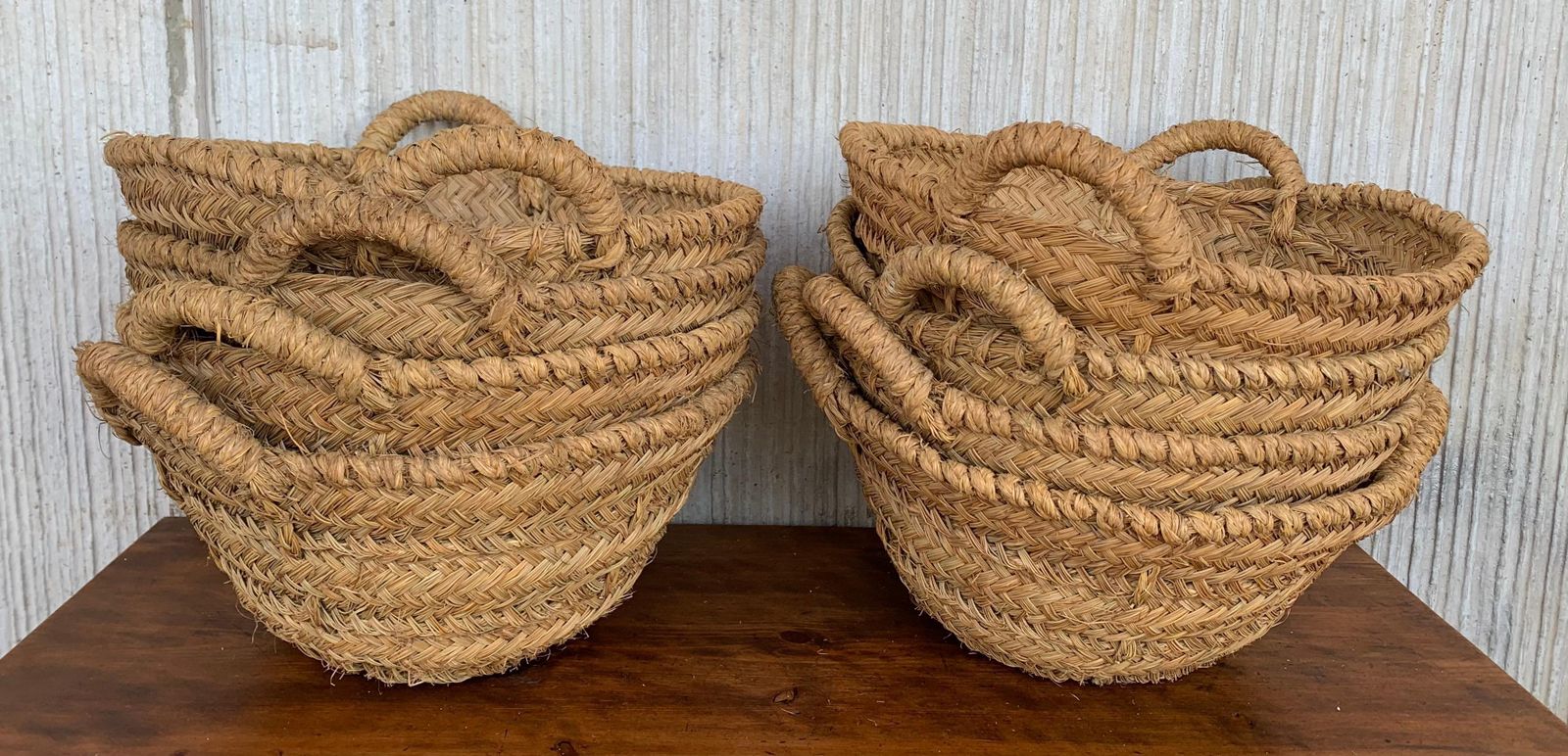 Set Of 8 Spanish Woven Wicker Olive Grape Harvest Basket photo for sale
