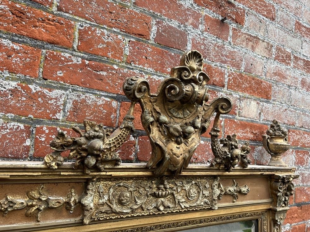 An Exceptional Large Antique French 19th Century Carved Wood & Gesso Original Gilt & Painted Mirror photo 1995.0