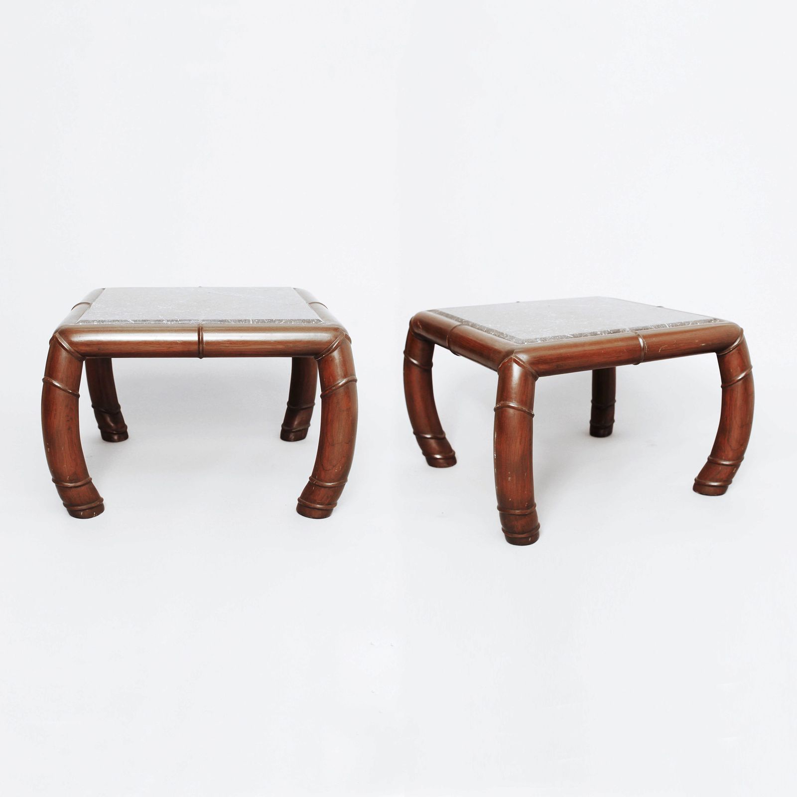 2 Faux Bamboo Grey Marble Side Coffee Tables Mid Century Hollywood Regency photo furniture