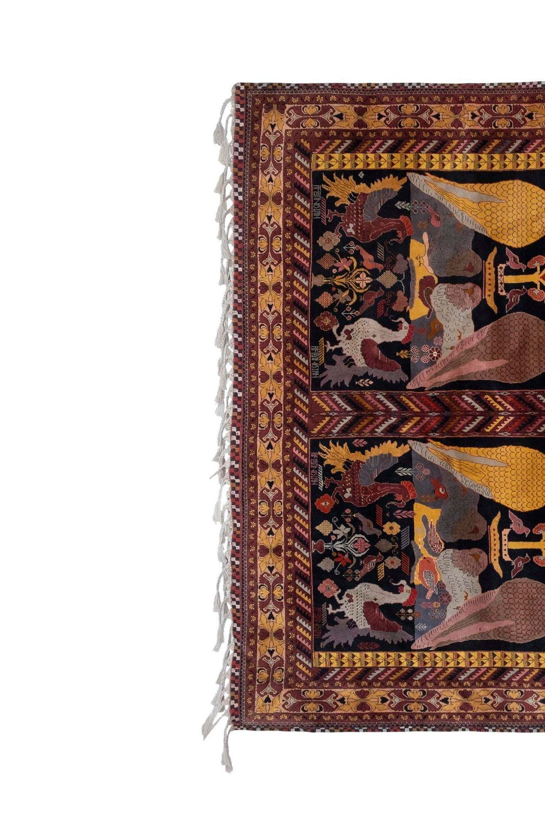 Textiles 1970s Vintage Botanical Animal Handmade Wool Rug 6'8" X 9'11" photo