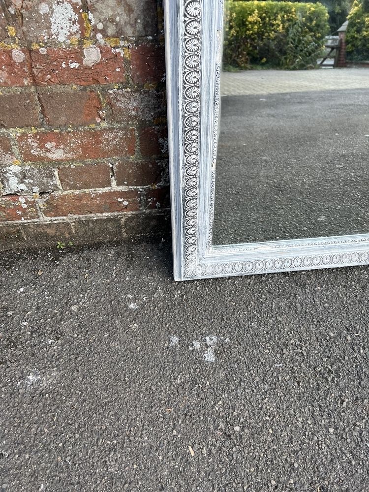 A Wonderful Highly Useful Size Antique French 19th Century Carved Wood & Gesso Arched Top Painted Mirror photo for sale