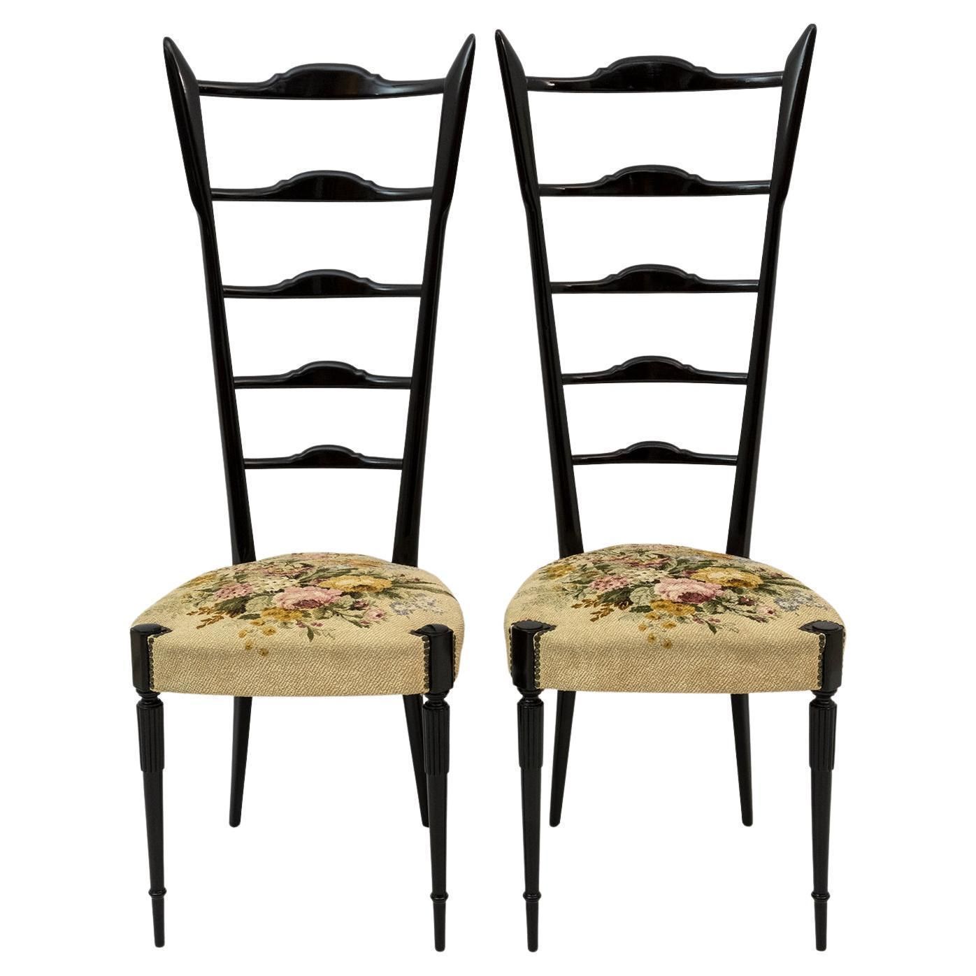 Pair Of Chiavari Gio Ponti Style Mid Century Modern Italian High Back Chairs 50s