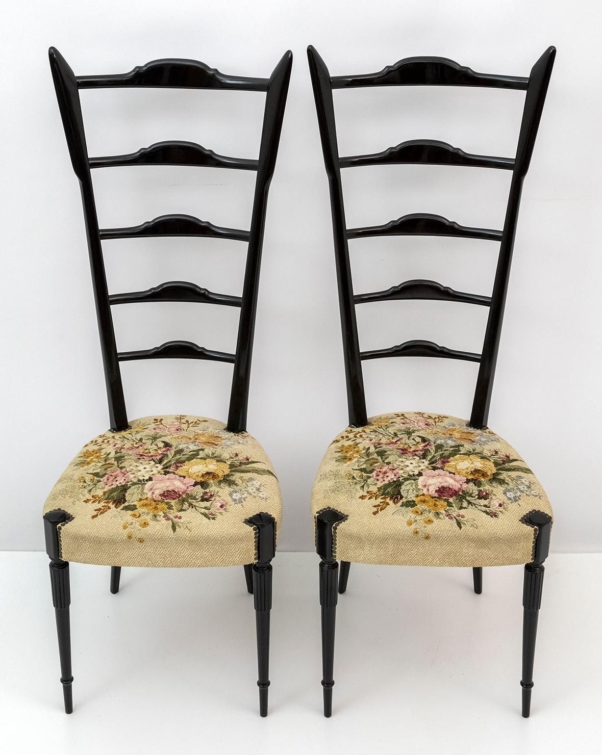Pair Of Chiavari Gio Ponti Style Mid Century Modern Italian High Back Chairs 50s photo for sale