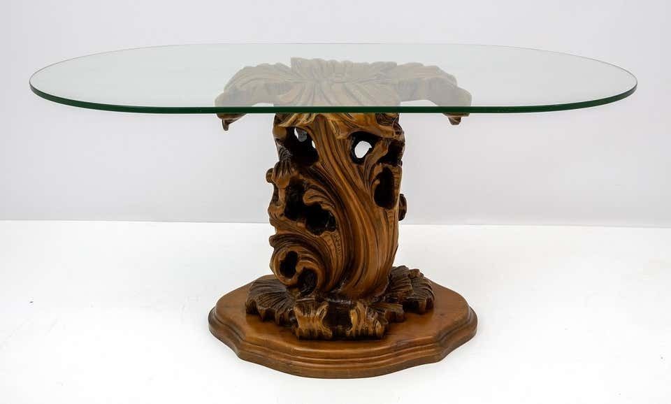 Mid Century Modern Italian Carved Wood Base Large Curls And Leaves Coffee Table photo vintage