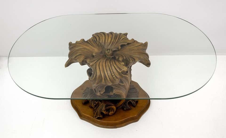 photo for sale Mid Century Modern Italian Carved Wood Base Large Curls And Leaves Coffee Table