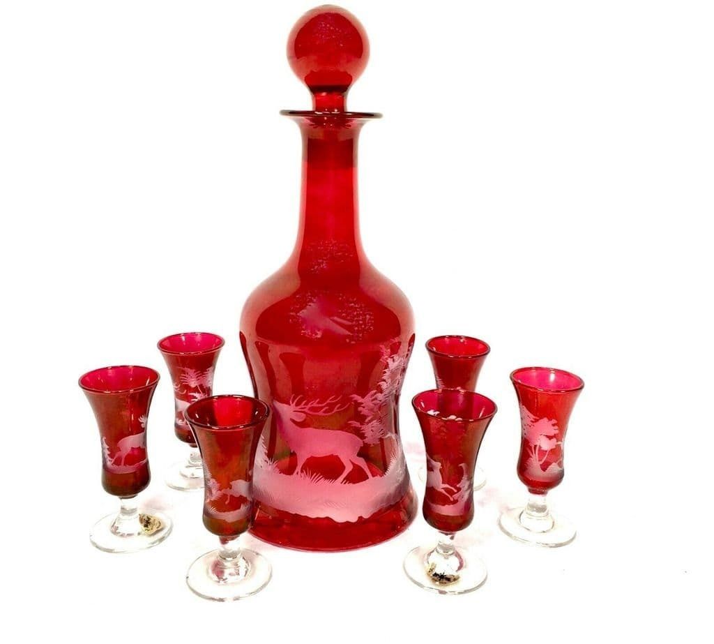 Kisslinger Ruby Red Glass Decanter Set Austrian Antique Liquor
