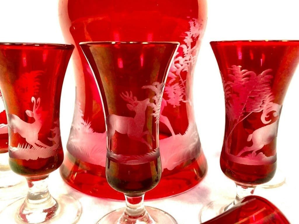 Kisslinger Ruby Red Glass Decanter Set Austrian Antique Liquor photo Home Decor