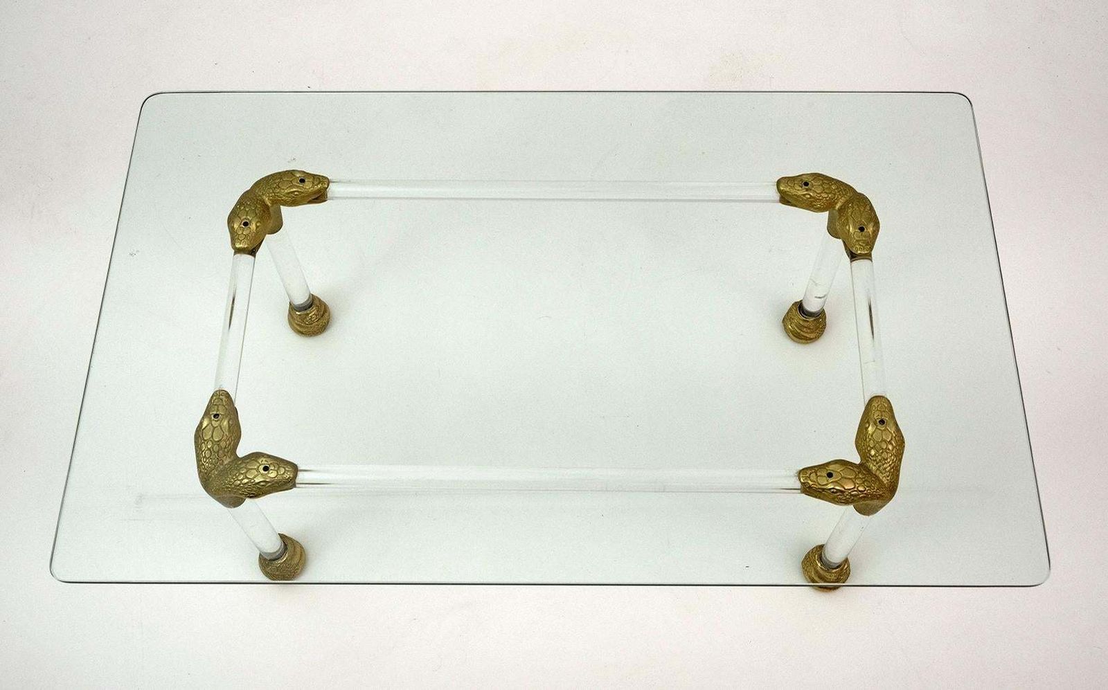 Mid Century Lucite And Brass Italian Coffee Table With Snake Head Details, 1970s photo Furniture