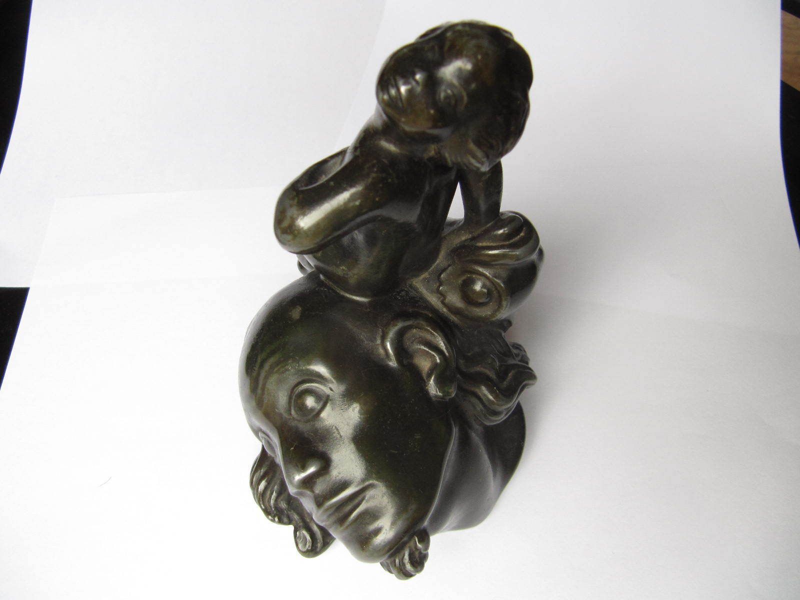 photo for sale Just Andersen Art Deco 'Bronzed' Sculpture C1930s Seaboy Sitting On A Large Head Or Bust