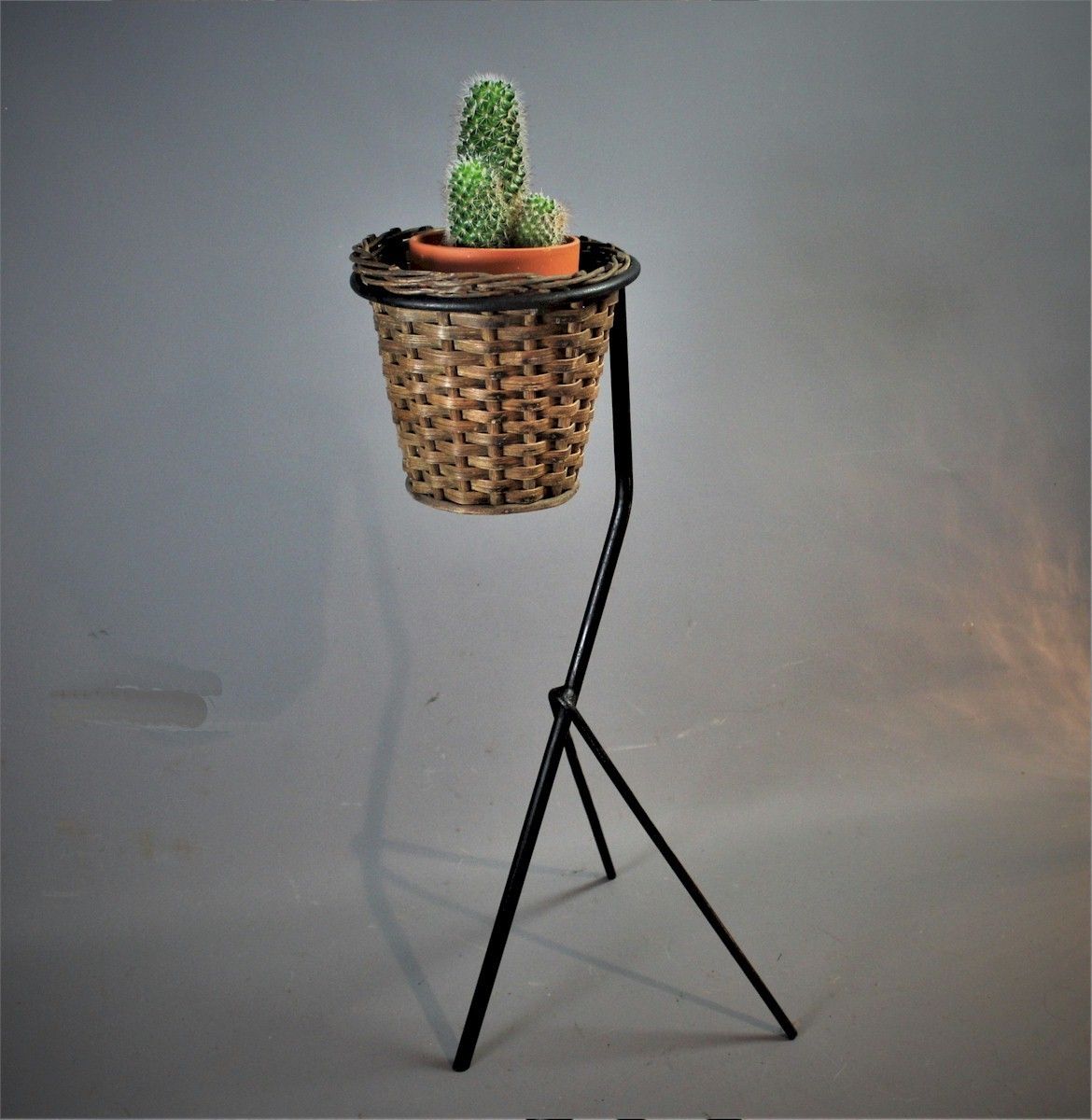 Mid Century French Wicker Planter On Iron Stand photo for sale