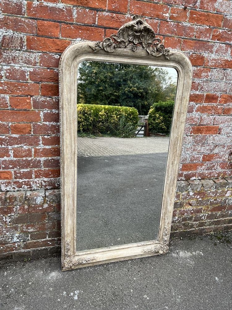 A Stunning Large Antique French 19th Century Carved Wood & Gesso Arched Top Painted Mirror