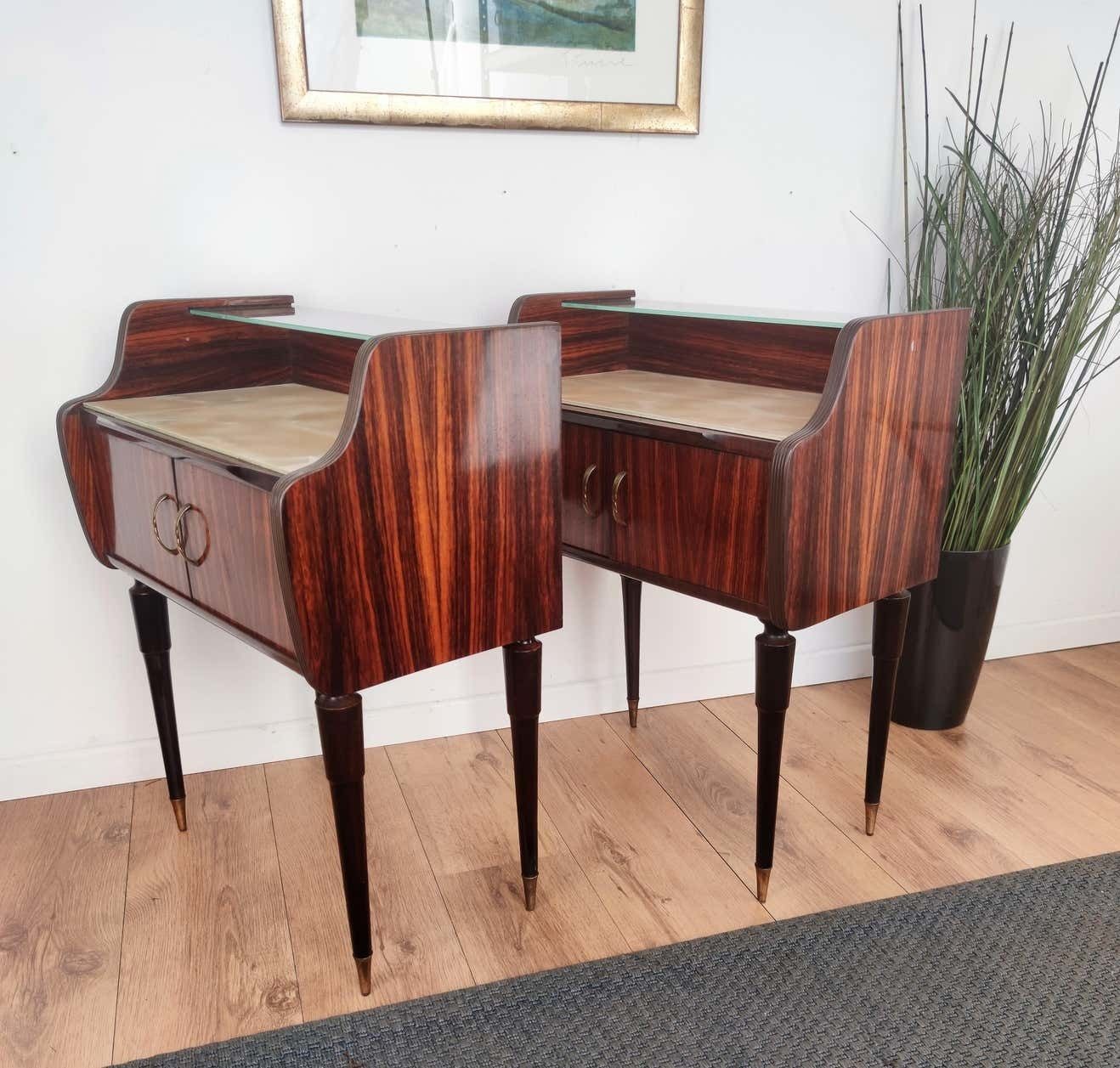 Italian Midcentury Art Deco Nightstands Bed Side Tables Wood Brass & Glass photo Furniture