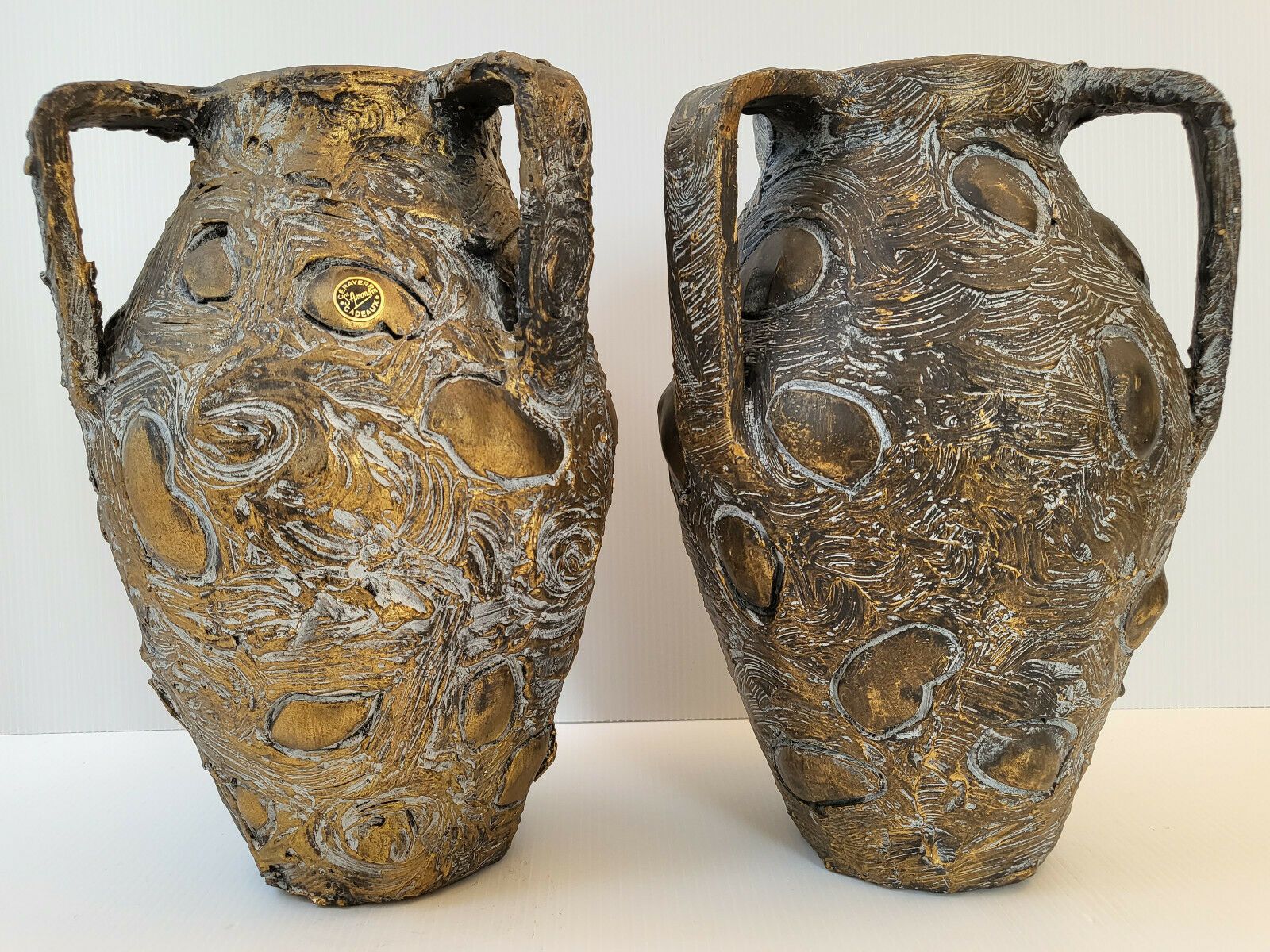 photo for sale Pair Of Vintage Vases 1960 Ceraverre Ceramic Golden Moiree 60s 1960s