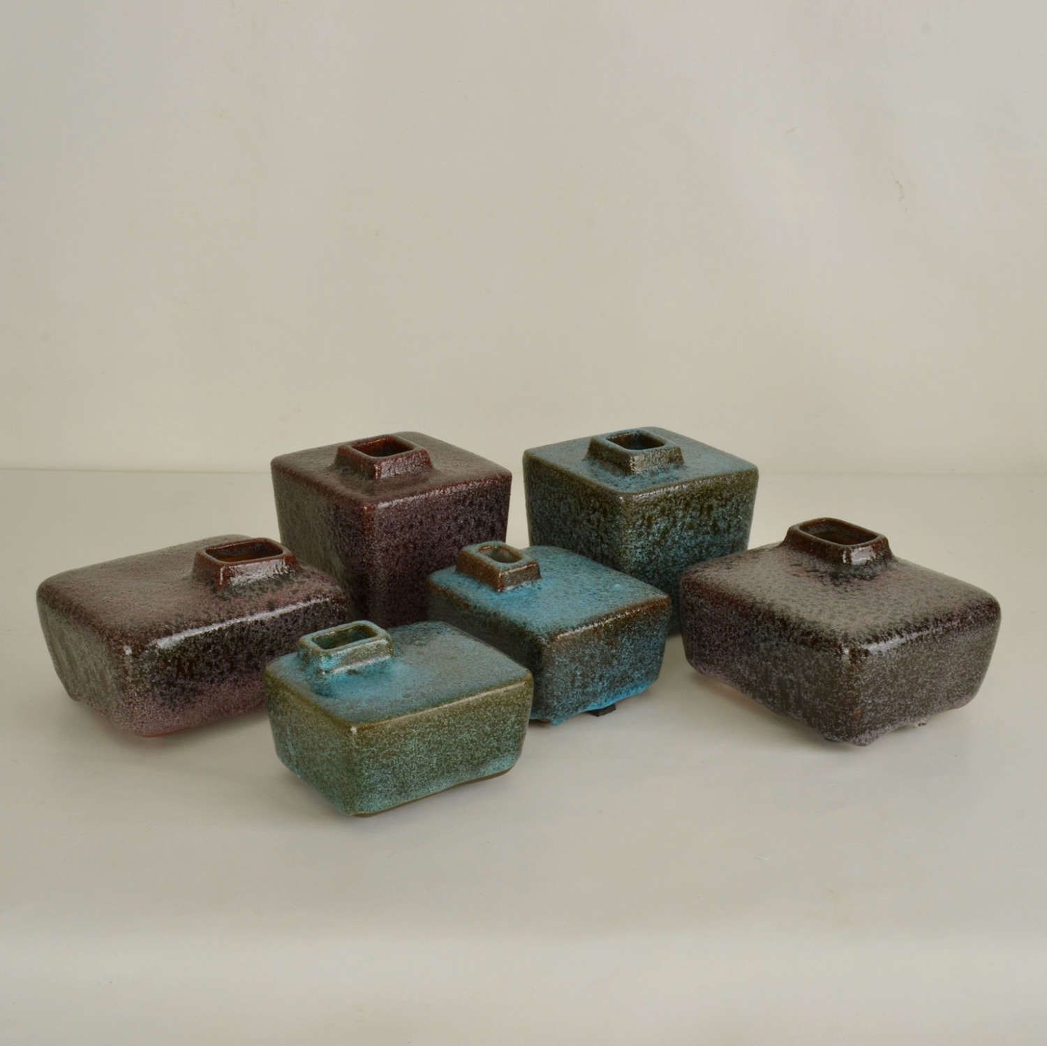 Set Of Six Block Vases In Purple And Turquoise Ceramic By Groeneveldt photo furniture