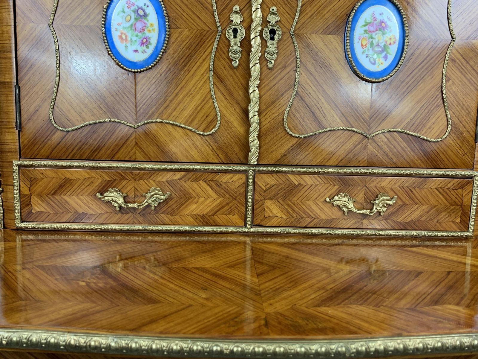 photo for sale French Kingwood, Gilt Metal And Porcelain Mounted Bonheur Du Jour, Late 19th Century