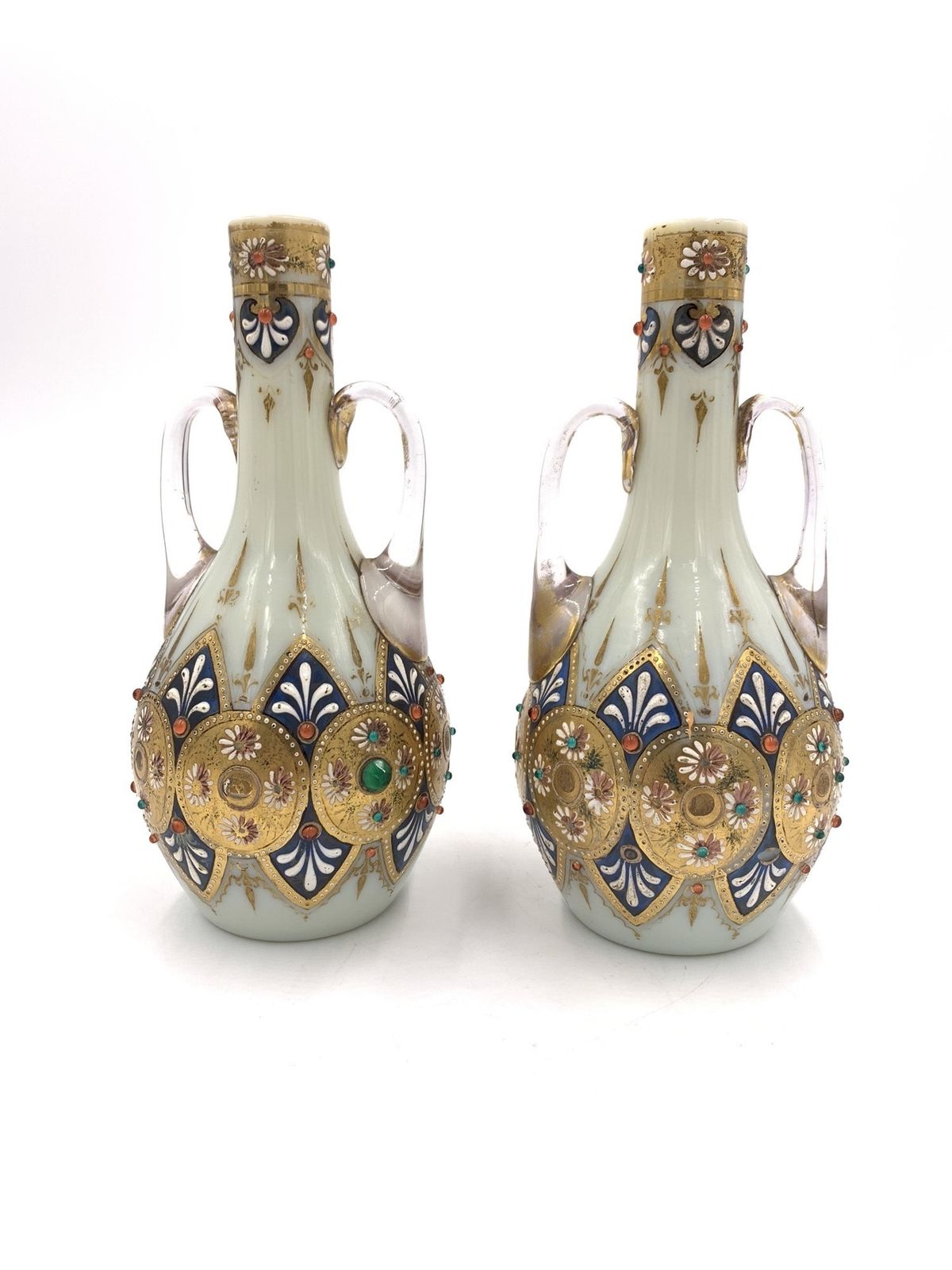 Set Of Three Jewelled Bohemian Opaline Vases, 19th Century photo vintage