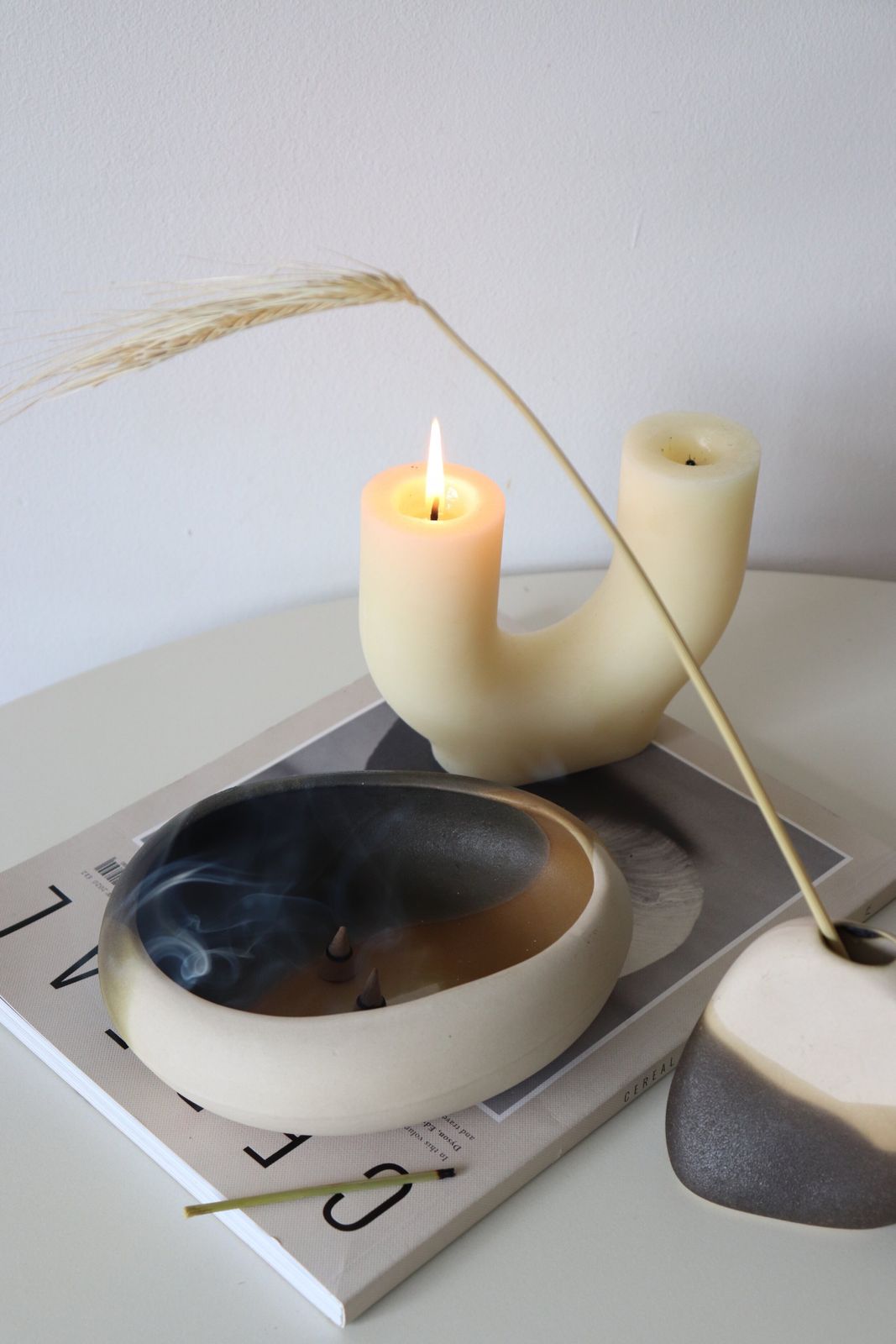 Vintage Incense Smudge Pottery Dish And Pocket Vase Duo photo furniture