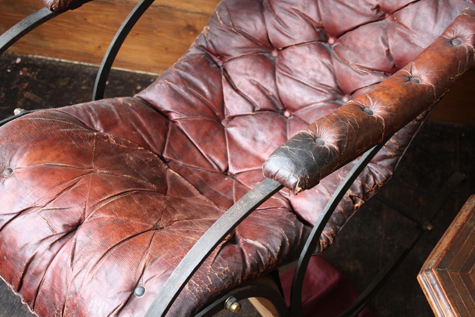 19th C Country House Campaign Ox Blood Leather Iron Rocking Chair R.W. Winfield photo for sale