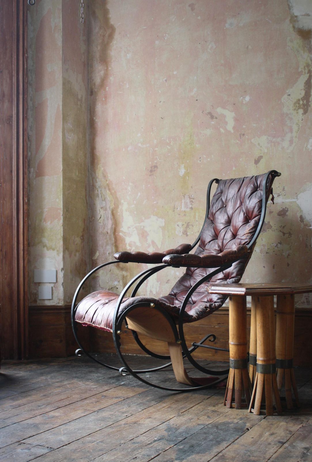 photo vintage 19th C Country House Campaign Ox Blood Leather Iron Rocking Chair R.W. Winfield