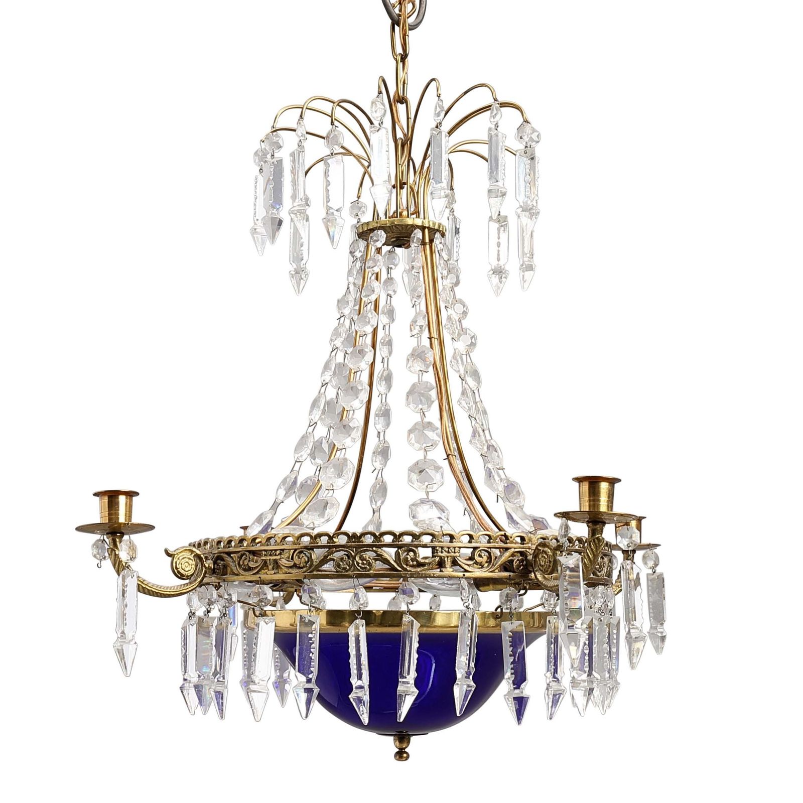Antique 4 Arm Crystal Empire Chandelier With Blue Glass  1900's