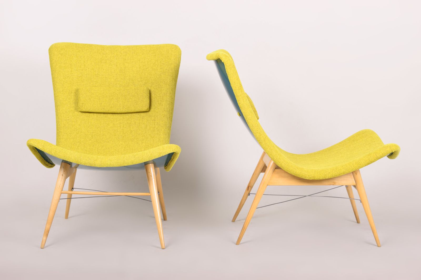 Yellow And Blue Mid Century Armchairs, Made In 1950s Czechia. Fully Restored. photo vintage