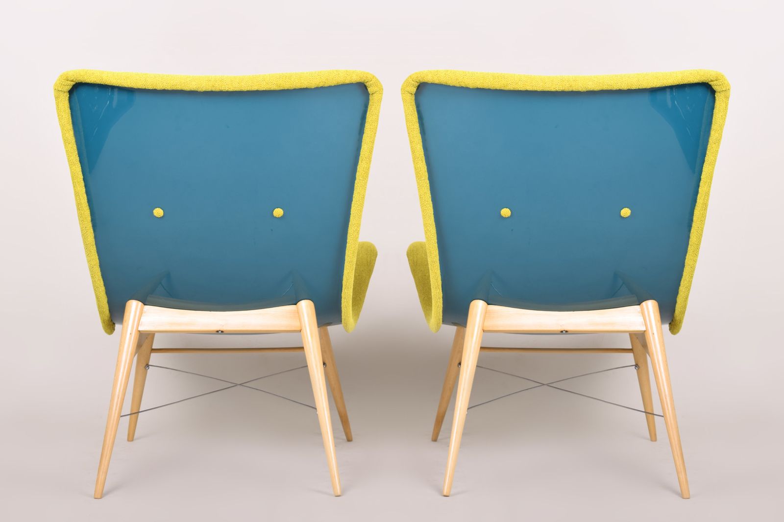 photo vinterior Yellow And Blue Mid Century Armchairs, Made In 1950s Czechia. Fully Restored.