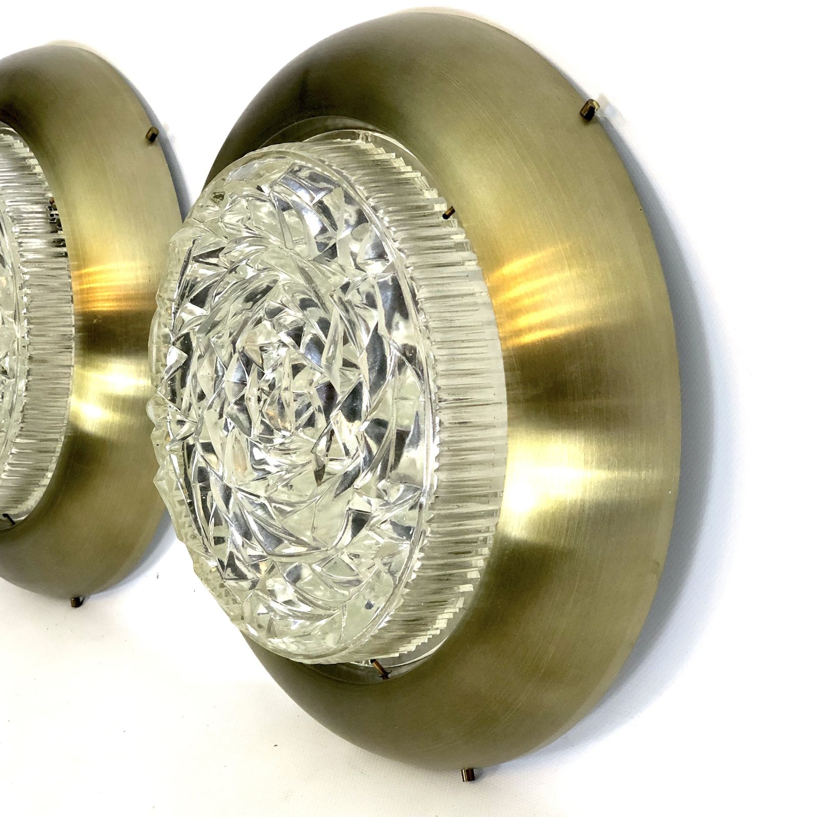 Stilux Milano, Mid Century Gild And Glass Ceiling Lamps Or Sconces. Set Of Two photo Lighting