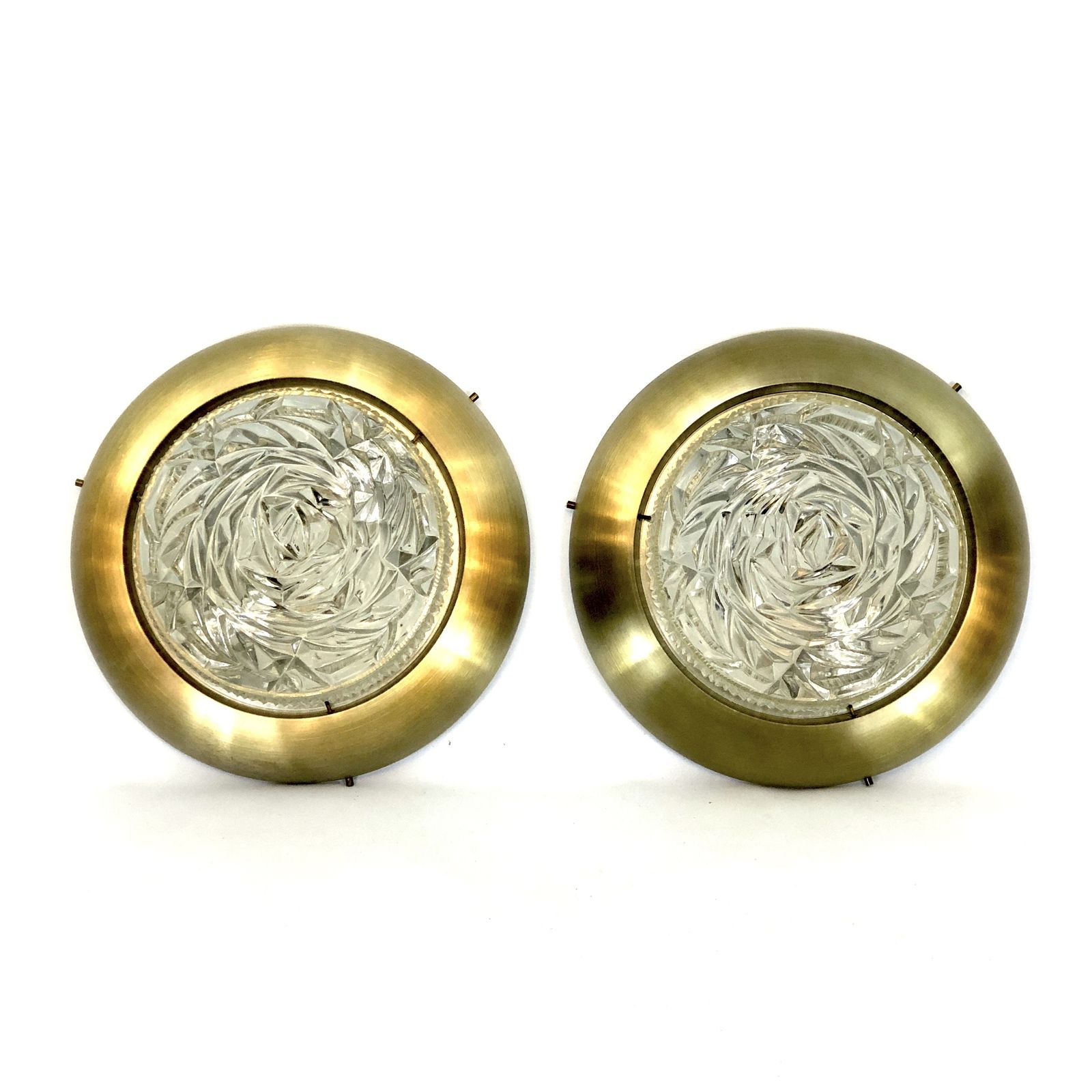 Stilux Milano, Mid Century Gild And Glass Ceiling Lamps Or Sconces. Set Of Two