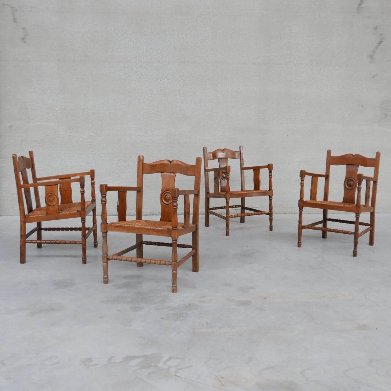 photo for sale Two Pairs Of French Mid Century Rush Oak Armchairs