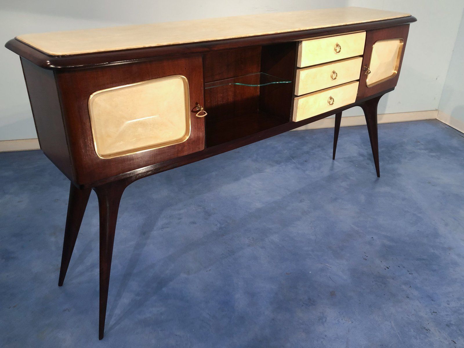 photo vinterior Italian Parchment Center Sideboard By Guglielmo Ulrich, 1950s