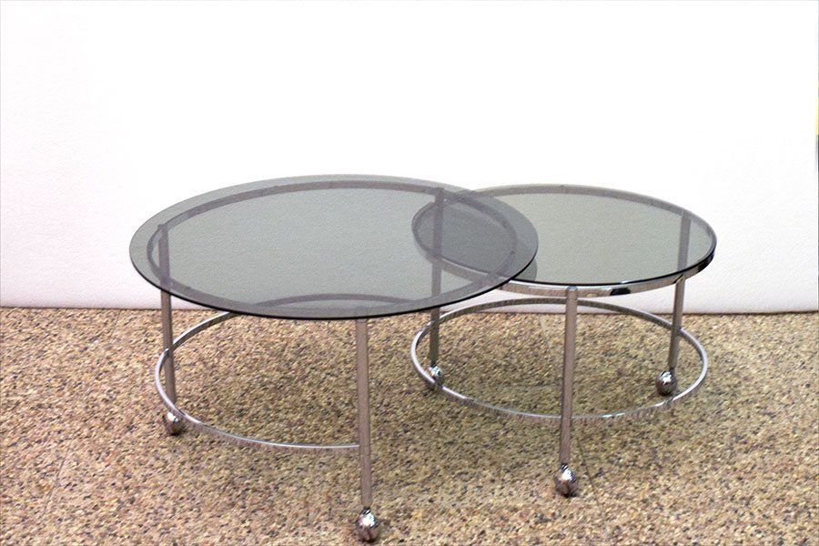 2 Tier Swivel Coffee Table In Chromed Steel And Crystal, 1970s
