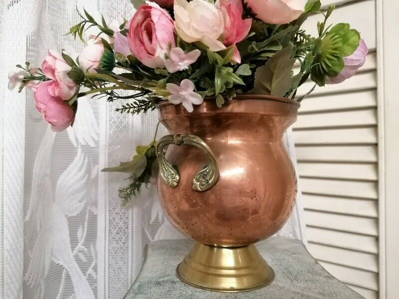 Vintage French Hammered Copper & Embossed Brass Handles Pot/Jar Planter 4 Sale