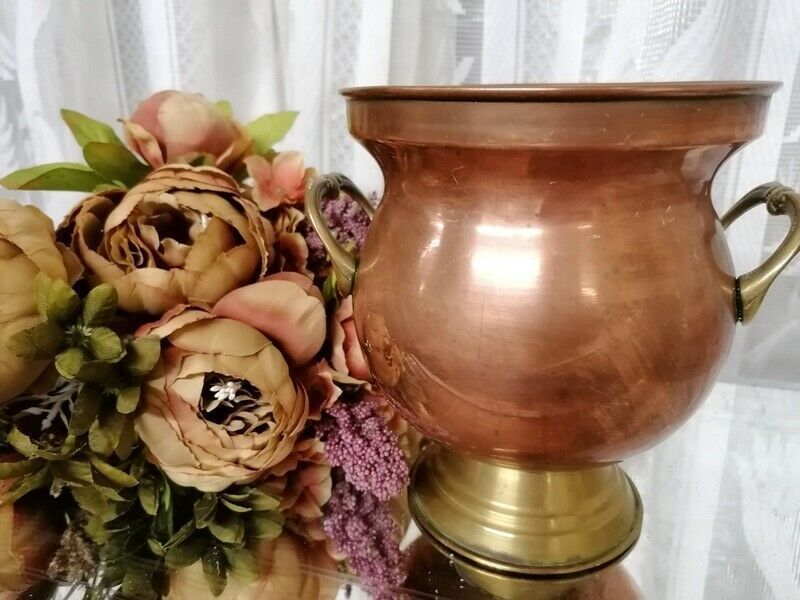 Vintage French Hammered Copper & Embossed Brass Handles Pot/Jar Planter 4 Sale photo 81.0