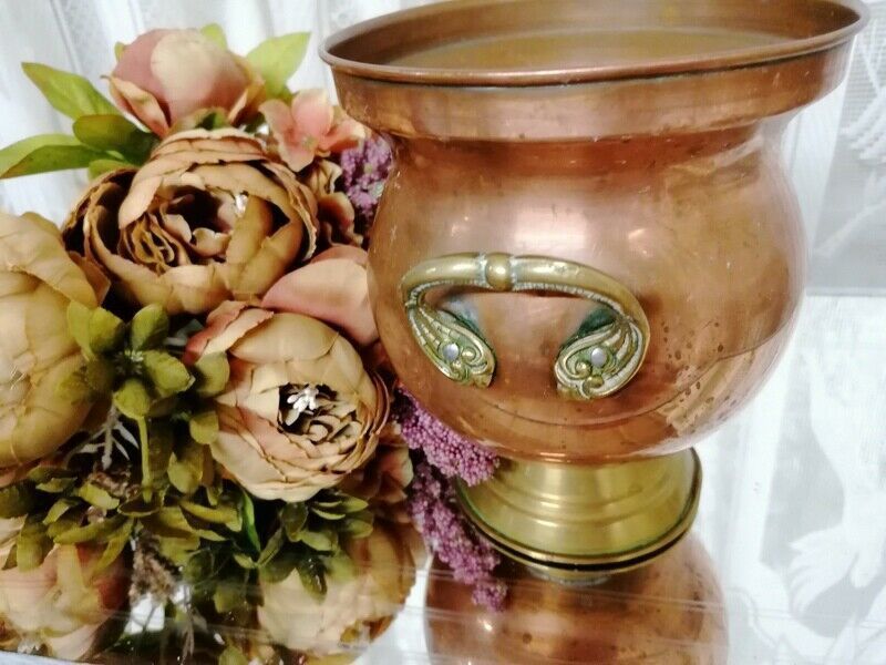 Vintage French Hammered Copper & Embossed Brass Handles Pot/Jar Planter 4 Sale photo vinterior