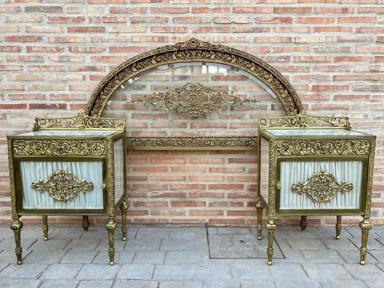 19th Century French Belle époque Bed And Vitrine Nightstands In Bronze, Glass & Iron, Set Of 3 photo furniture