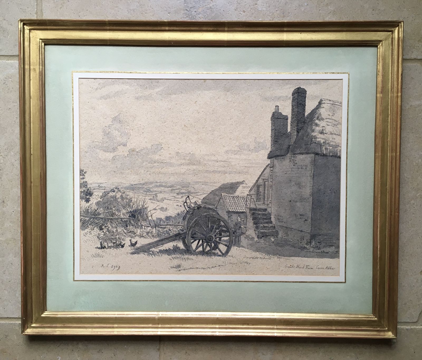 Randolph Schwabe 1939 Pen And Wash Drawing Of Giant's Head Farm, Cerne Abbas, Dorset
