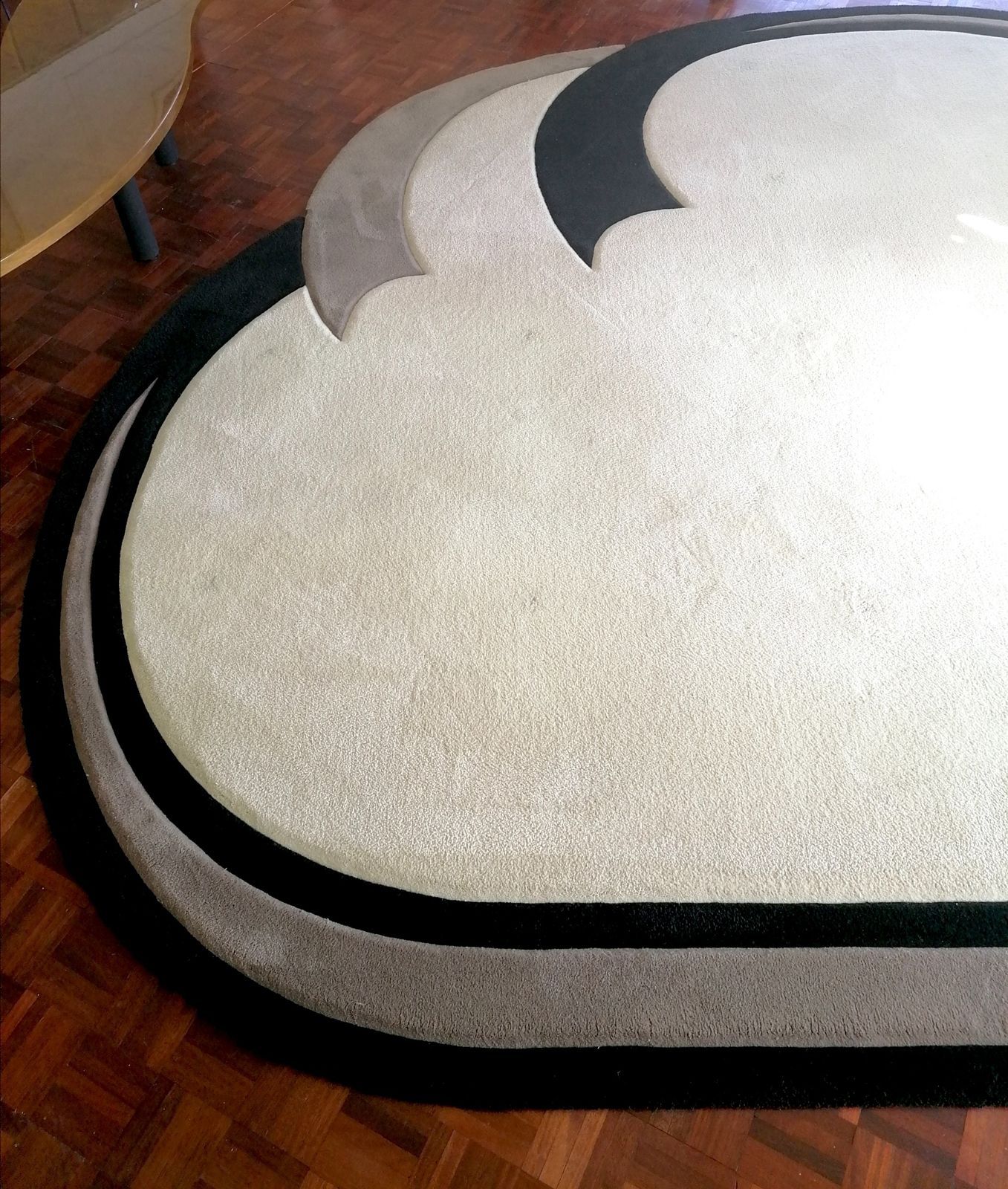 Huge Vintage 80s American Deco Revival Curved Wool Rug With Carved Swirl Details And Edge. photo buy