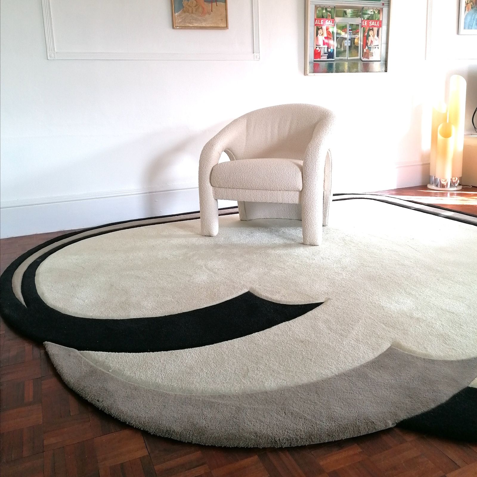 photo for sale Huge Vintage 80s American Deco Revival Curved Wool Rug With Carved Swirl Details And Edge.