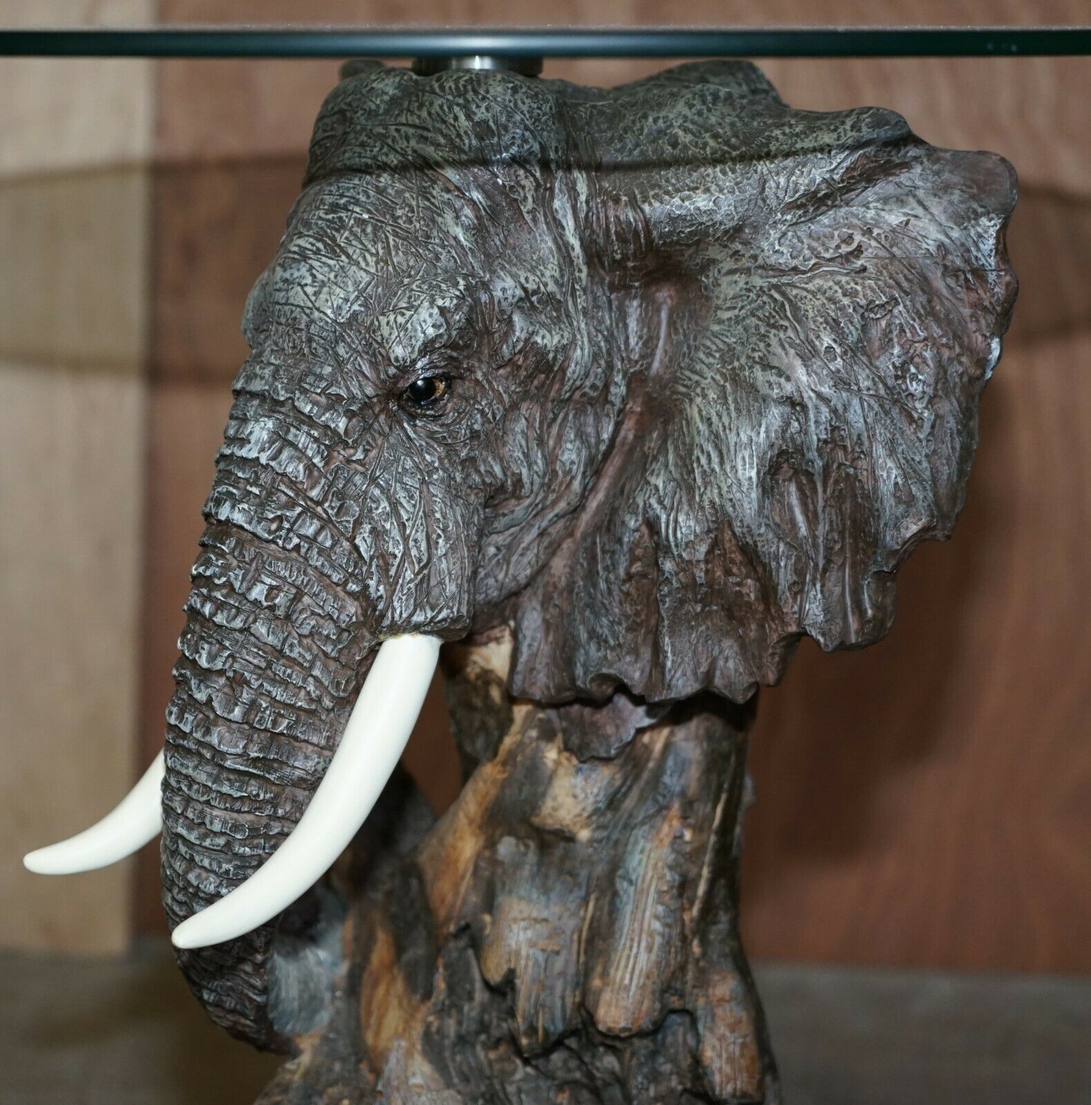 Stunning Realistic Hand Painted Elephants Head Side End Lamp Table Round Glass photo 750.0