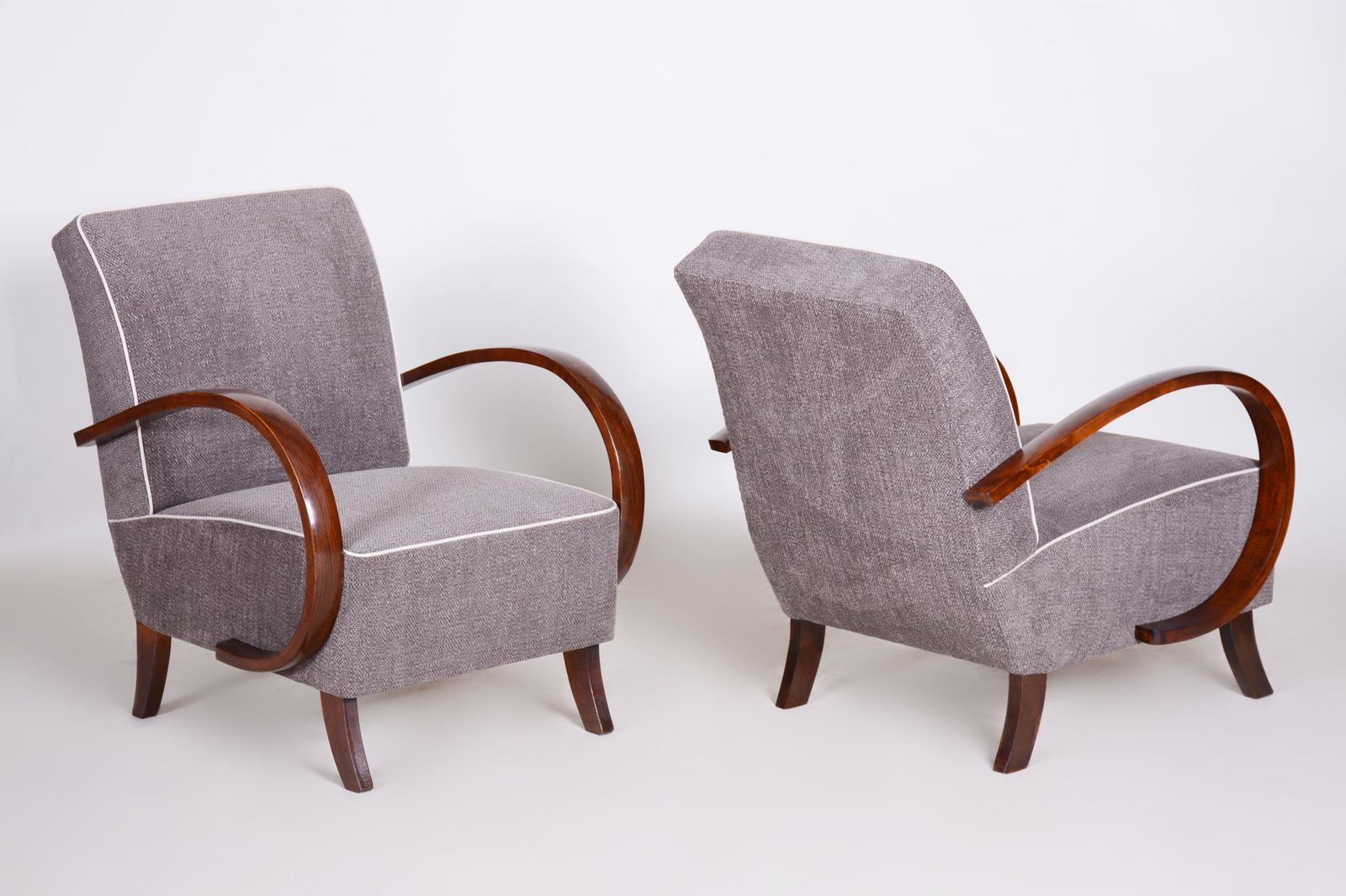 Pair Of Grey Art Deco Armchairs Made In The 1930s, Fully Refurbished Beech.