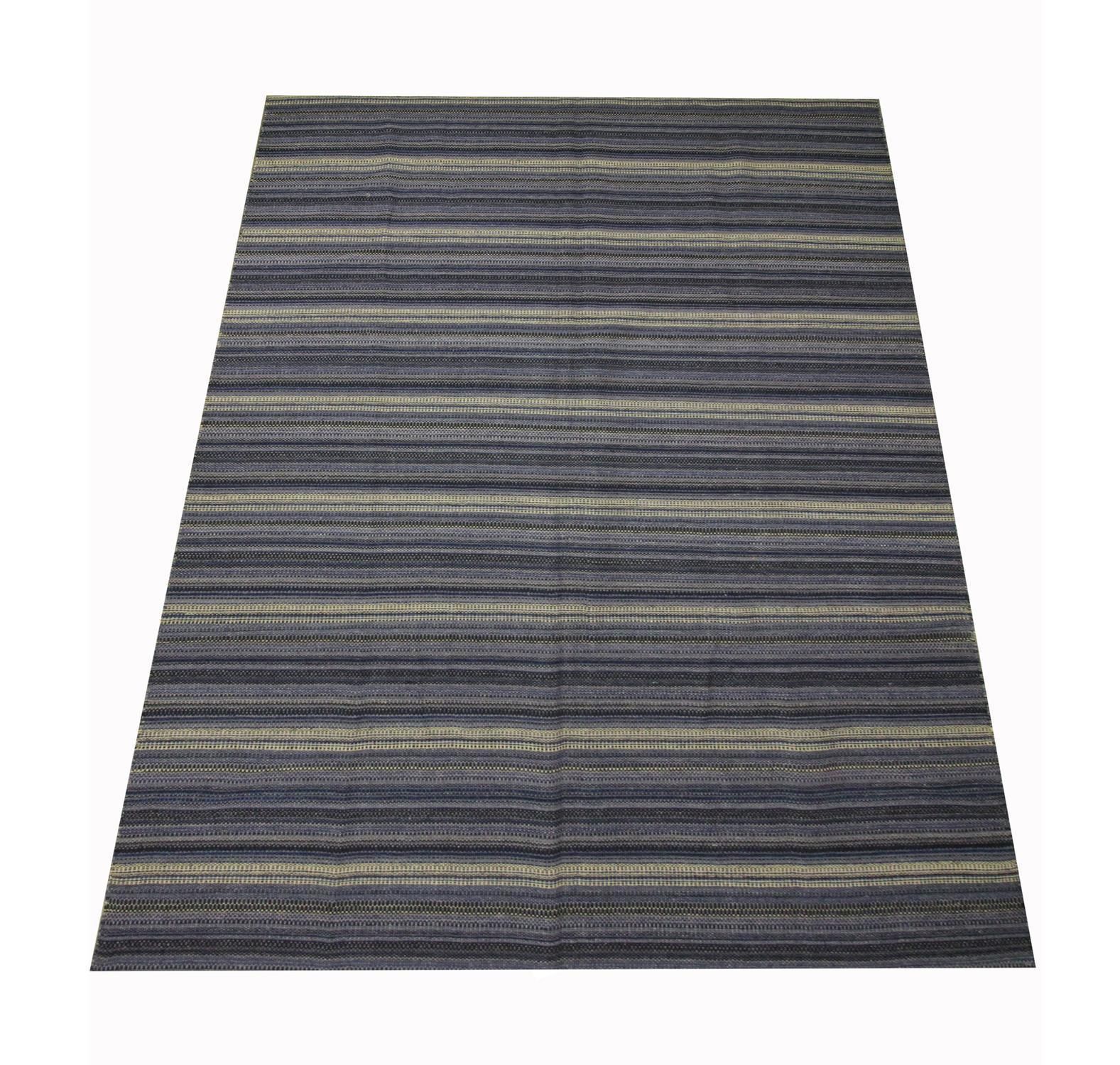 Modern Kilim Rug Blue Wool Carpet Striped Rug Kilim Flat Woven Area Rug photo furniture