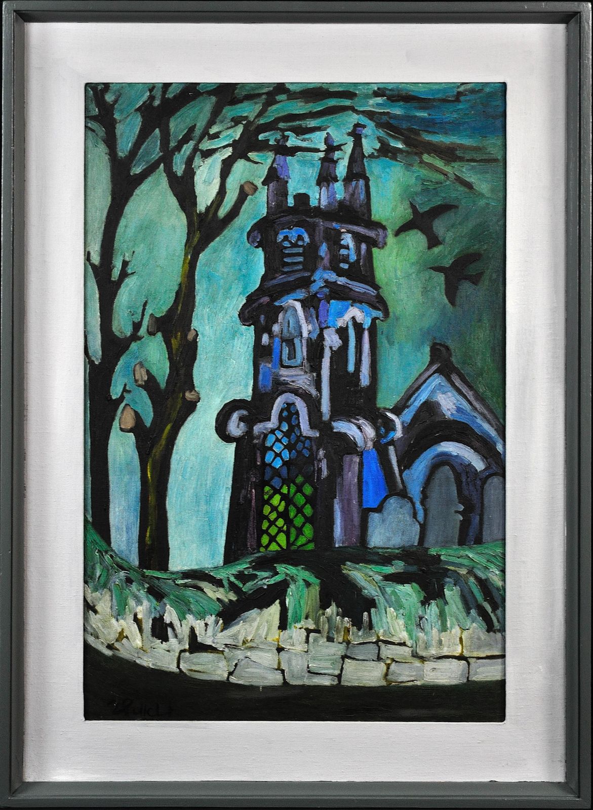 Joan Gillchrest 1918 To 2008. Cornish Artist. Church And Churchyard. Framed Mid 20th Century Oil Painting. An Early Career Work