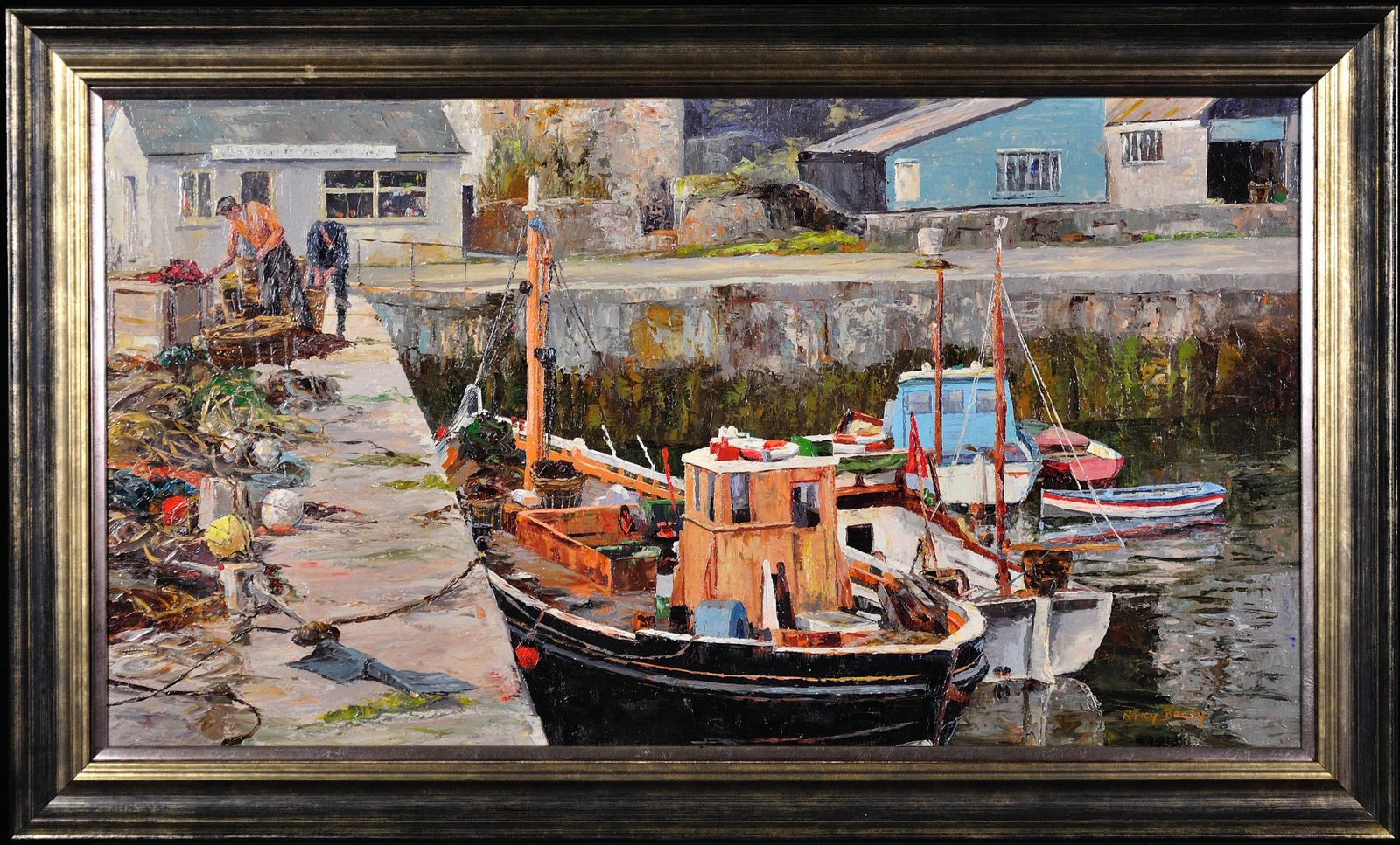 Nancy Bailey 1913 To 2012. English. Working Boats, Porthleven, Cornwall, 1973. Framed Impasto Oil Painting. Cornish Coastal Fishing.
