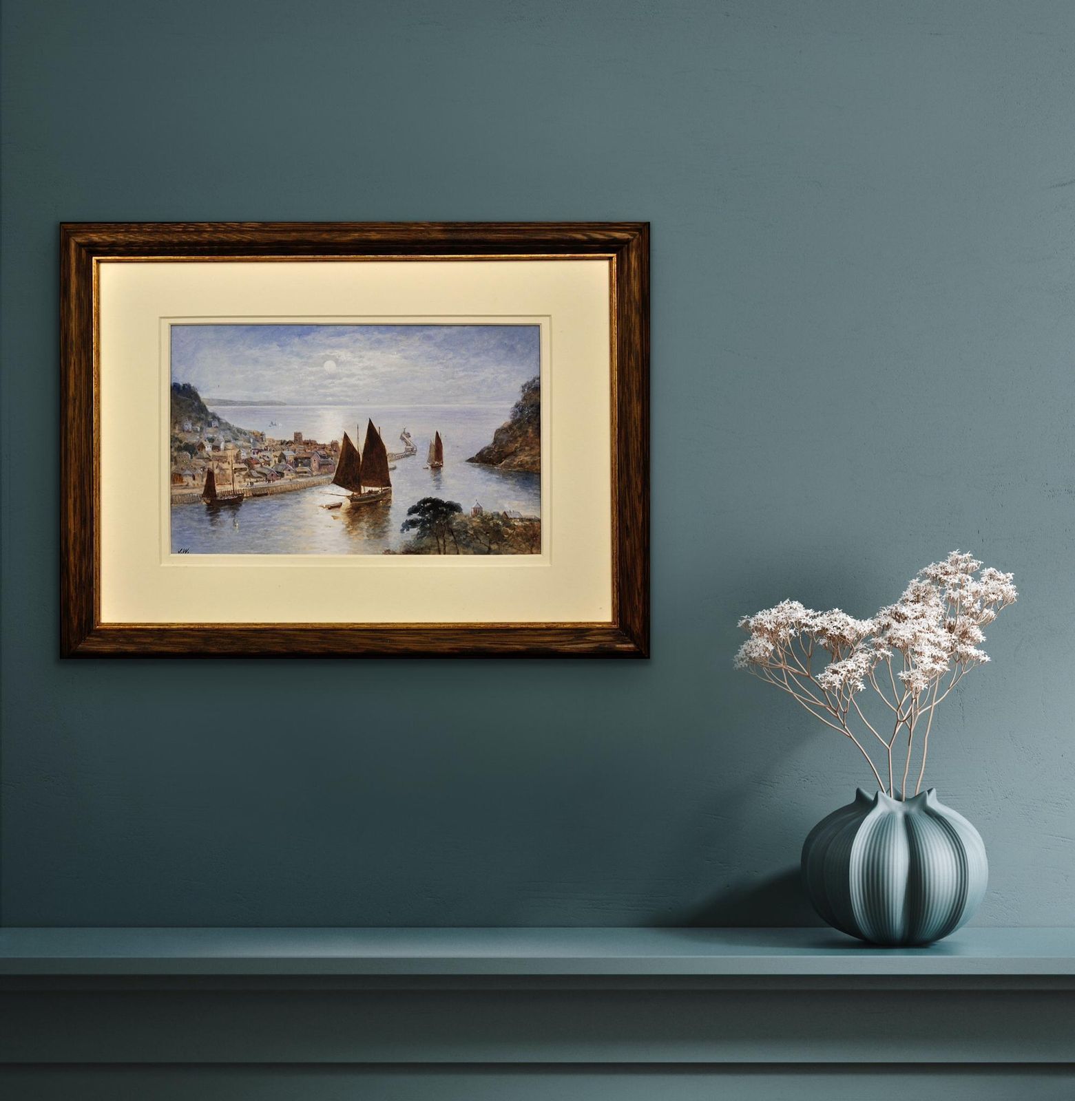 J. Wilson Fl.1837 To 1870. English. Looe Town & Harbour, Cornwall. Framed Cornish Watercolour Painting. Luggers Under Sail. Circa 1860. Victorian. photo 1525.0