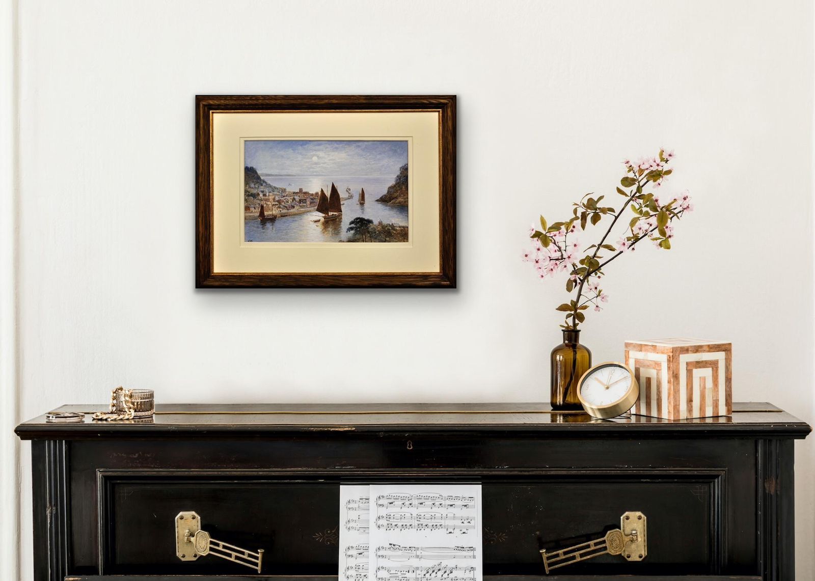 J. Wilson Fl.1837 To 1870. English. Looe Town & Harbour, Cornwall. Framed Cornish Watercolour Painting. Luggers Under Sail. Circa 1860. Victorian. photo buy
