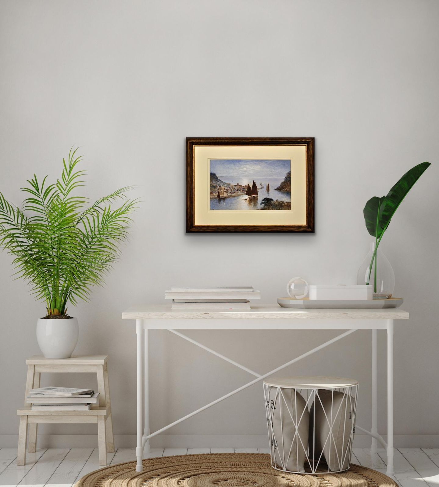 photo furniture J. Wilson Fl.1837 To 1870. English. Looe Town & Harbour, Cornwall. Framed Cornish Watercolour Painting. Luggers Under Sail. Circa 1860. Victorian.