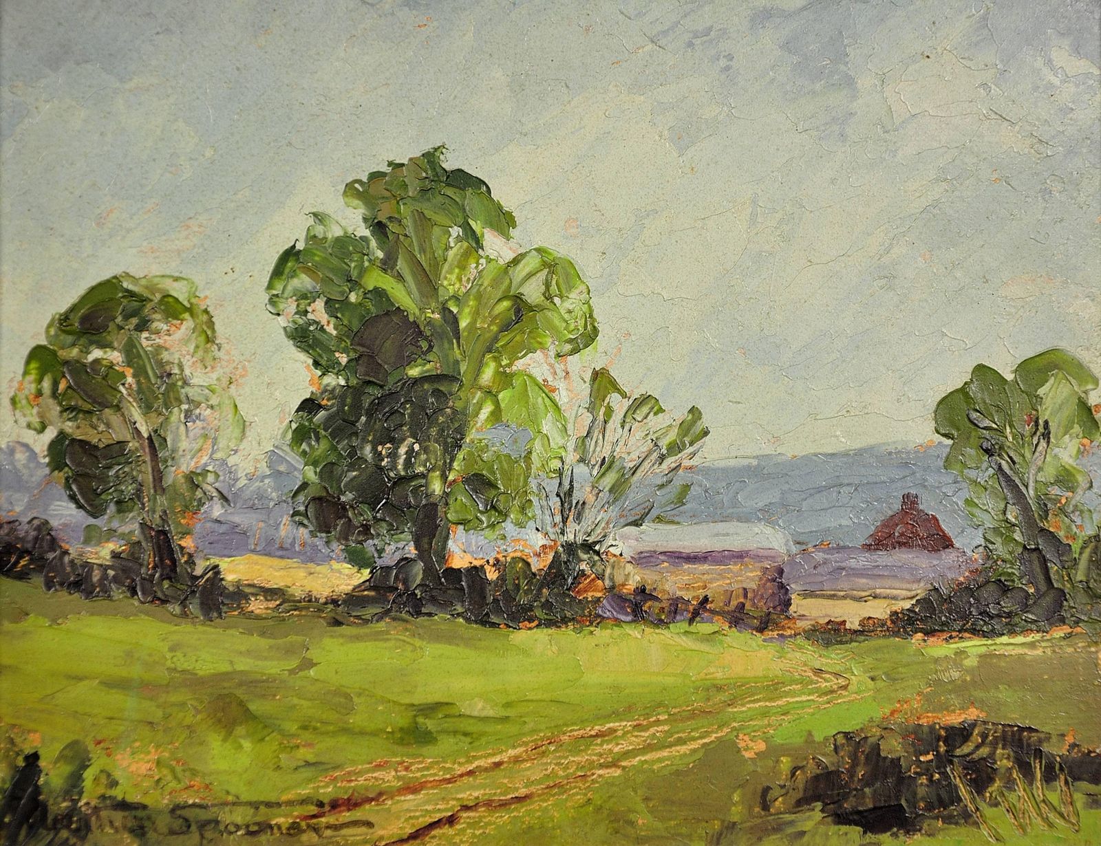Arthur Spooner 1873 To 1962. English. Framed Impasto En Plein Air Post Impressionist Oil Painting Of Rural Derbyshire. photo furniture